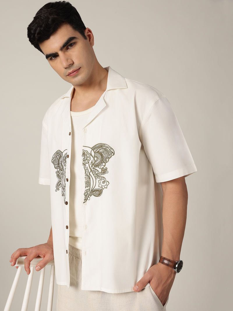 White & Olive: Embroidered Drop Shoulder Oversized Shirt