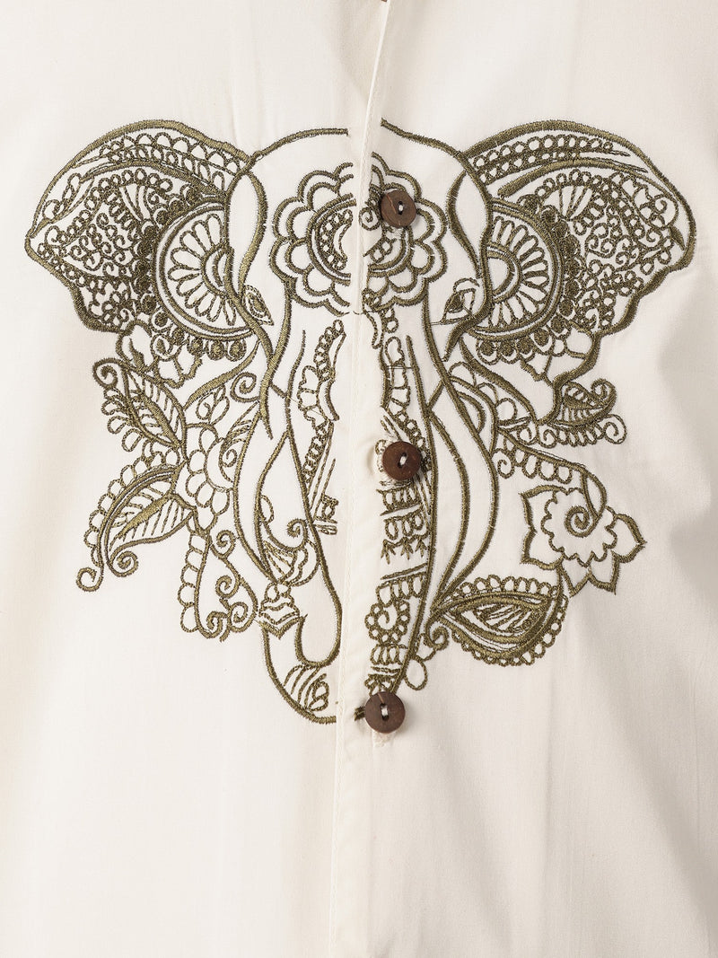 White & Olive: Embroidered Drop Shoulder Oversized Shirt