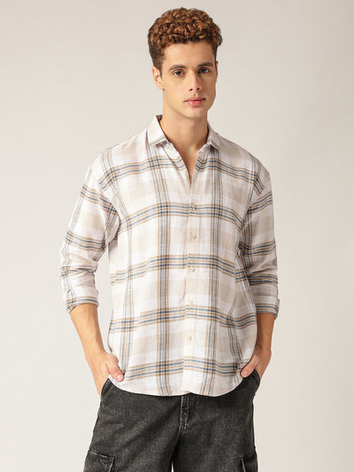 White & Beige: Checkered Drop-Shoulder Oversized Casual Shirt