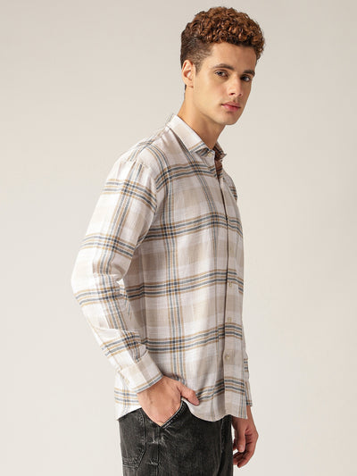 White & Beige: Checkered Drop-Shoulder Oversized Casual Shirt