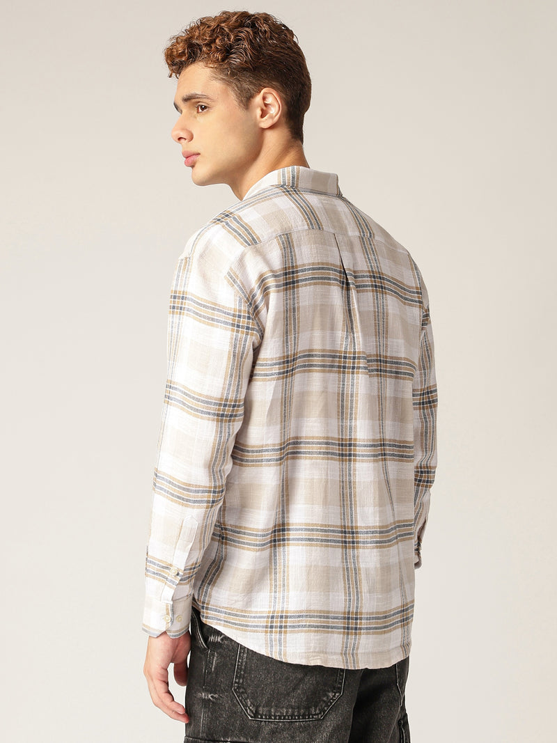 White & Beige: Checkered Drop-Shoulder Oversized Casual Shirt