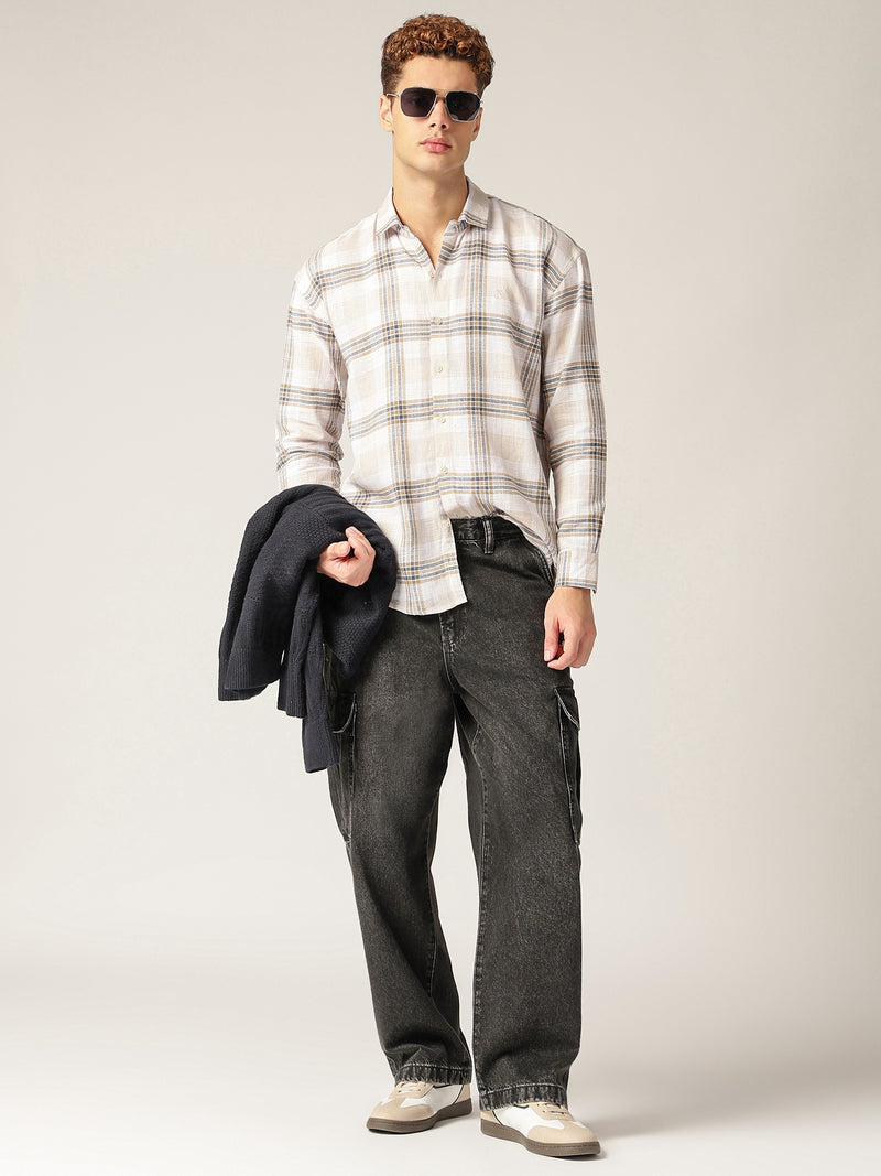 White & Beige: Checkered Drop-Shoulder Oversized Casual Shirt