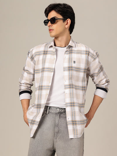 White & Beige: Checkered Drop-Shoulder Oversized Casual Shirt