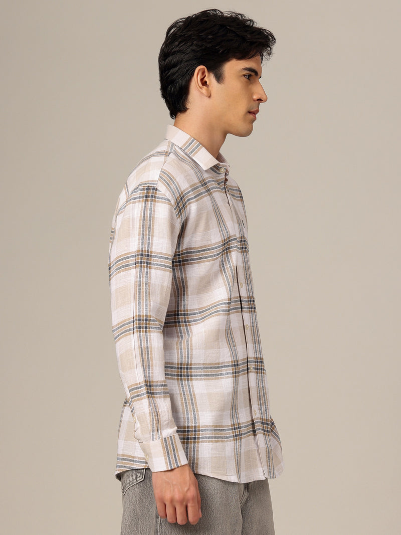 White & Beige: Checkered Drop-Shoulder Oversized Casual Shirt