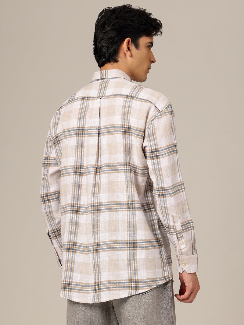 White & Beige: Checkered Drop-Shoulder Oversized Casual Shirt