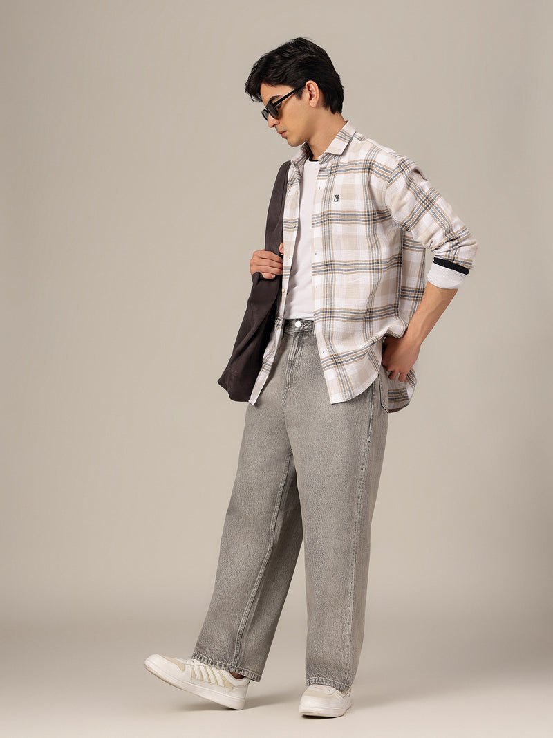 White & Beige: Checkered Drop-Shoulder Oversized Casual Shirt