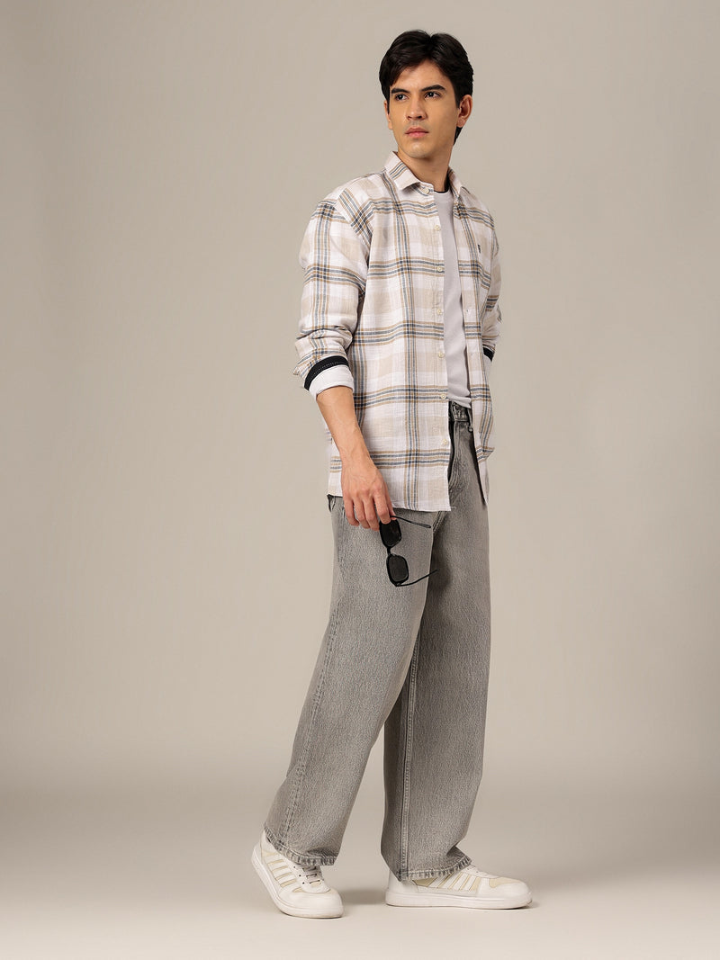 White & Beige: Checkered Drop-Shoulder Oversized Casual Shirt