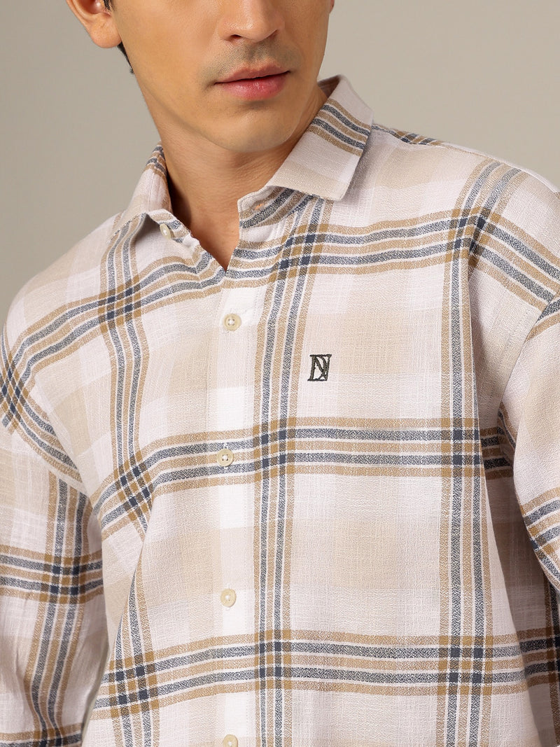 White & Beige: Checkered Drop-Shoulder Oversized Casual Shirt