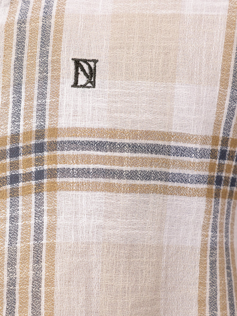 White & Beige: Checkered Drop-Shoulder Oversized Casual Shirt