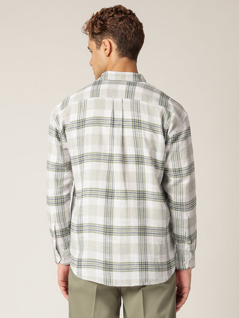 White & Mint: Checkered Drop-Shoulder Oversized Casual Shirt