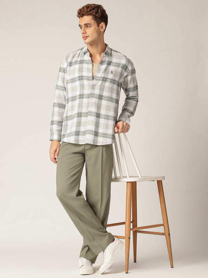 White & Mint: Checkered Drop-Shoulder Oversized Casual Shirt