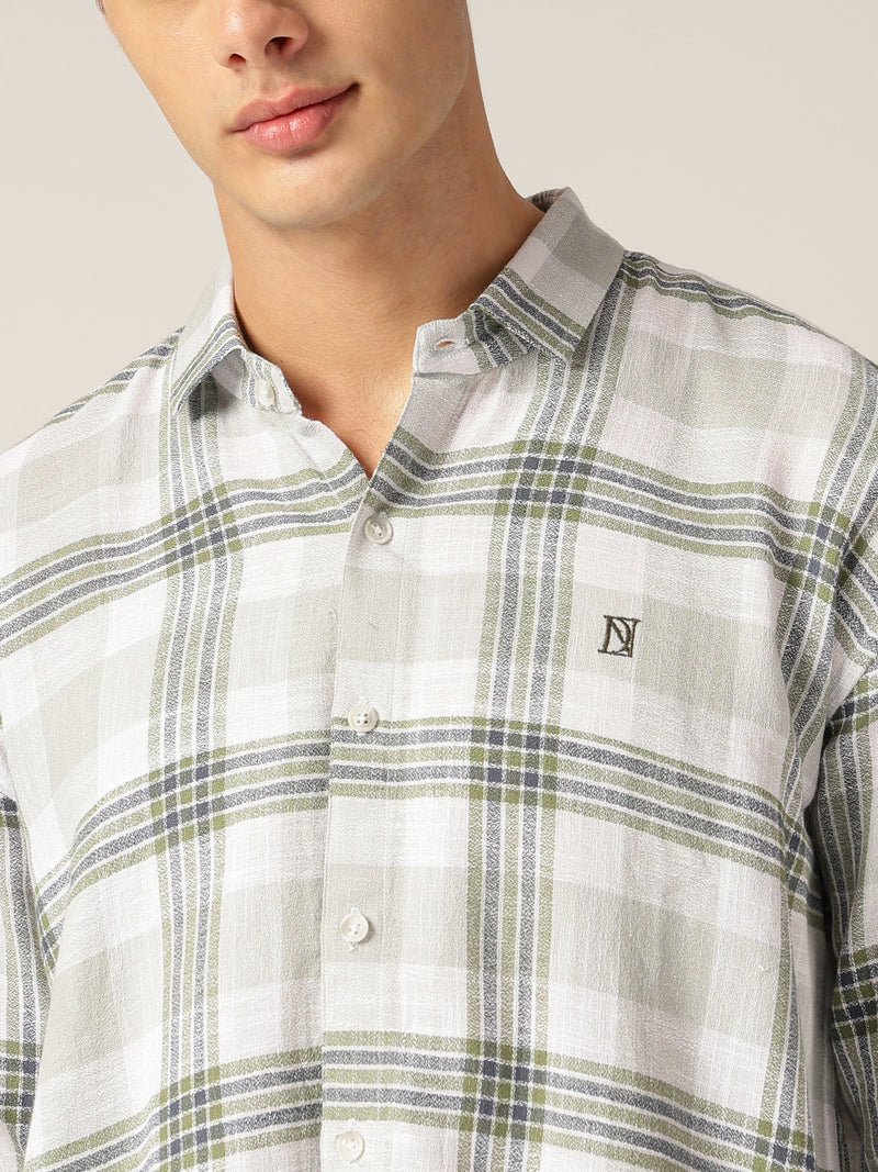 White & Mint: Checkered Drop-Shoulder Oversized Casual Shirt
