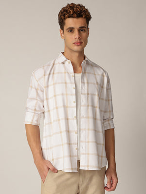 Cream & Beige: Checkered Drop-Shoulder Oversized Casual Shirt