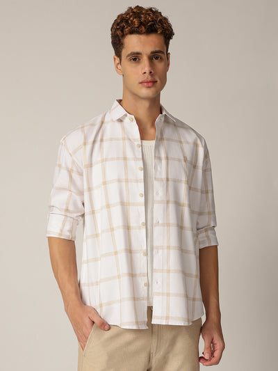 Cream & Beige: Checkered Drop-Shoulder Oversized Casual Shirt