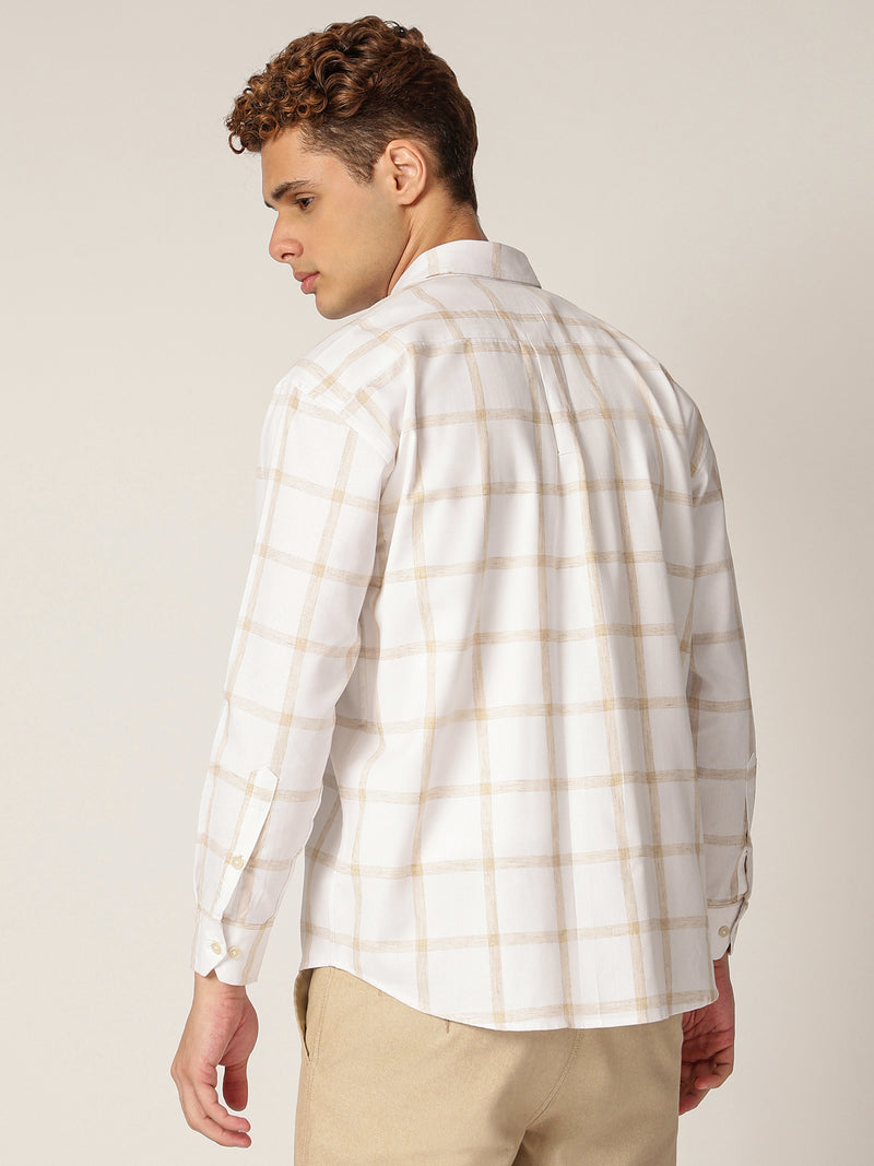 Cream & Beige: Checkered Drop-Shoulder Oversized Casual Shirt