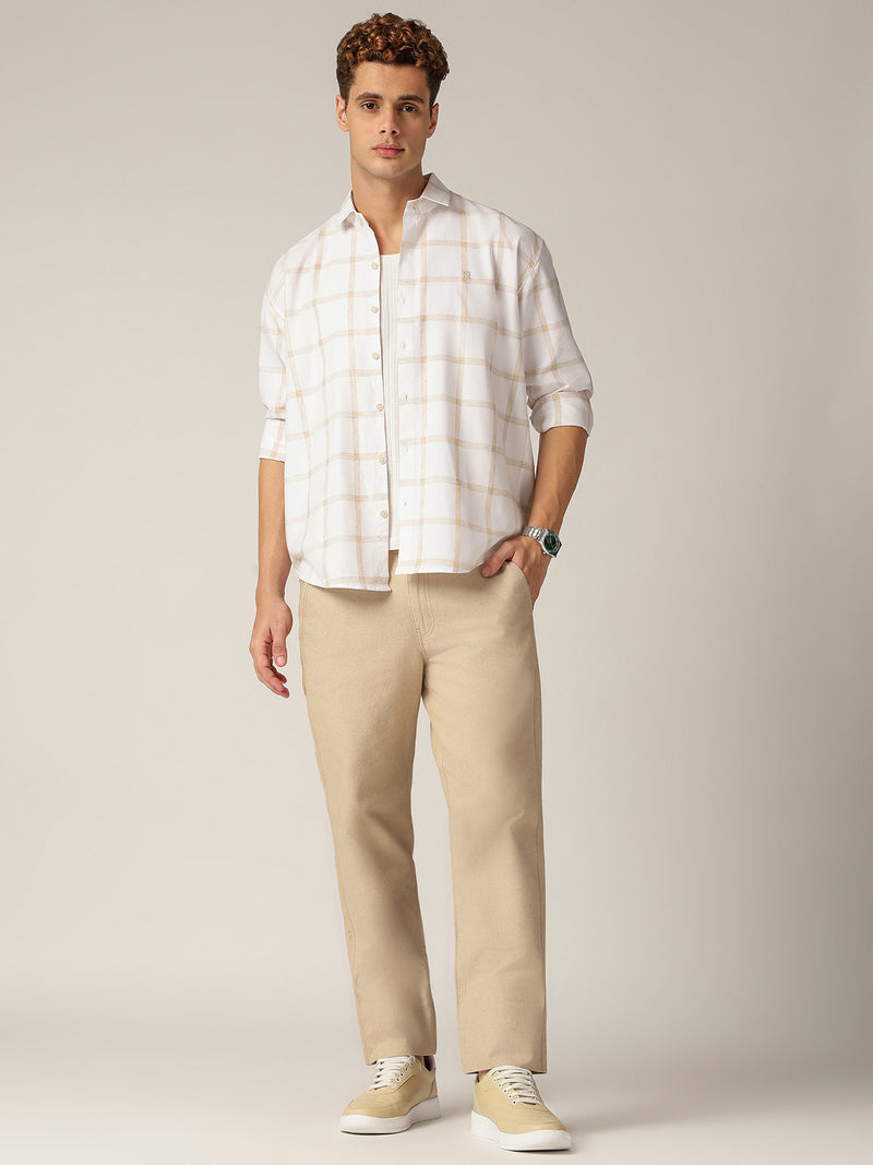 Cream & Beige: Checkered Drop-Shoulder Oversized Casual Shirt
