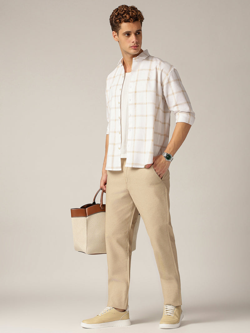 Cream & Beige: Checkered Drop-Shoulder Oversized Casual Shirt