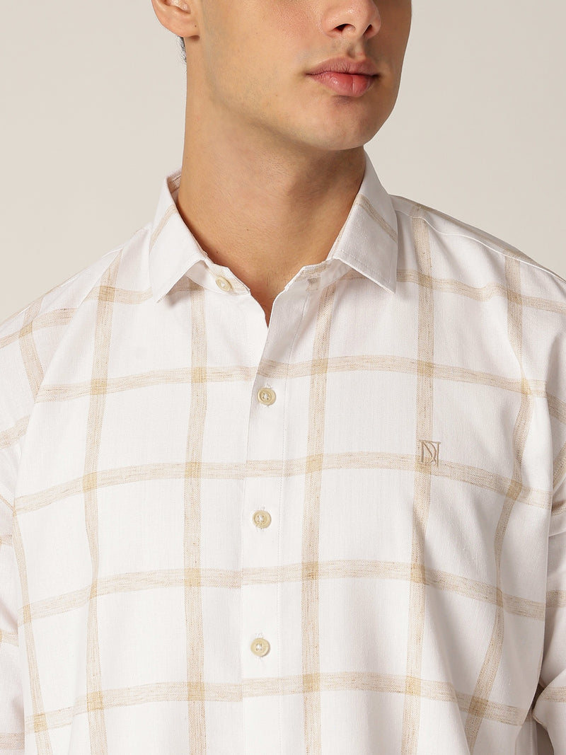 Cream & Beige: Checkered Drop-Shoulder Oversized Casual Shirt