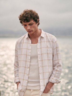 Cream & Beige: Checkered Drop-Shoulder Oversized Casual Shirt