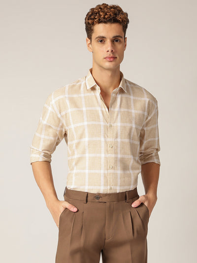 Beige & Cream: Checkered Drop-Shoulder Oversized Casual Shirt