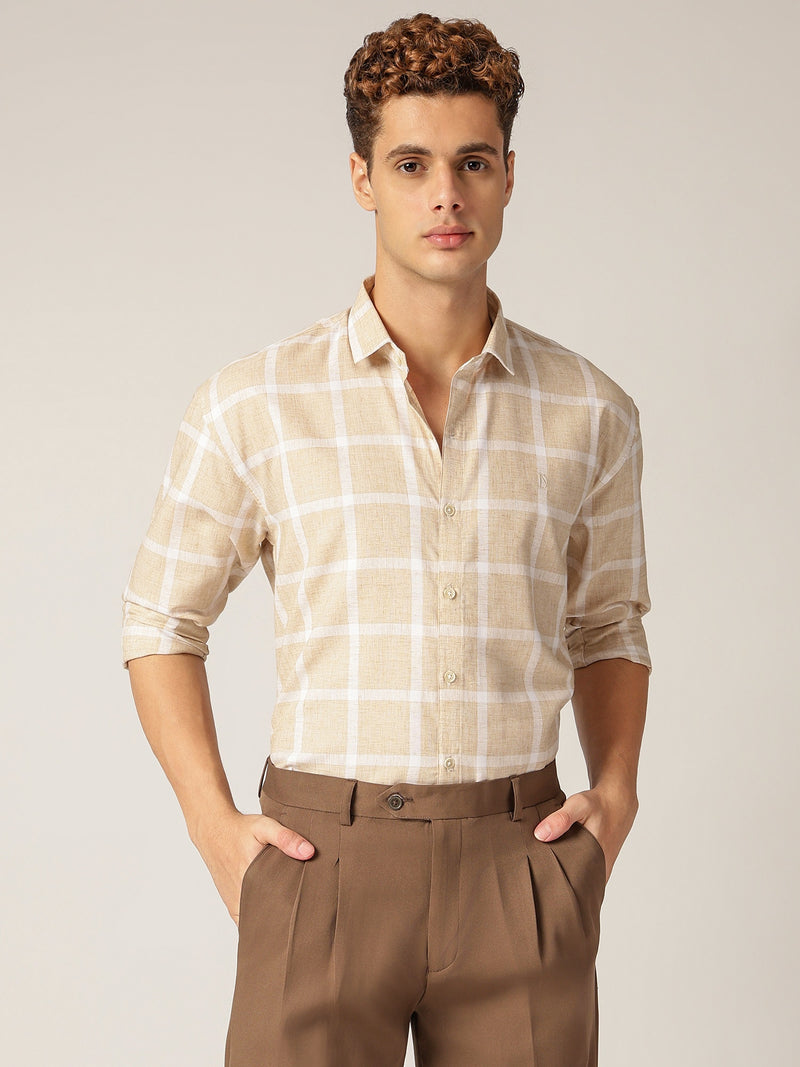 Beige & Cream: Checkered Drop-Shoulder Oversized Casual Shirt