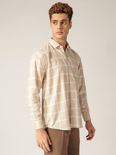 Beige & Cream: Checkered Drop-Shoulder Oversized Casual Shirt