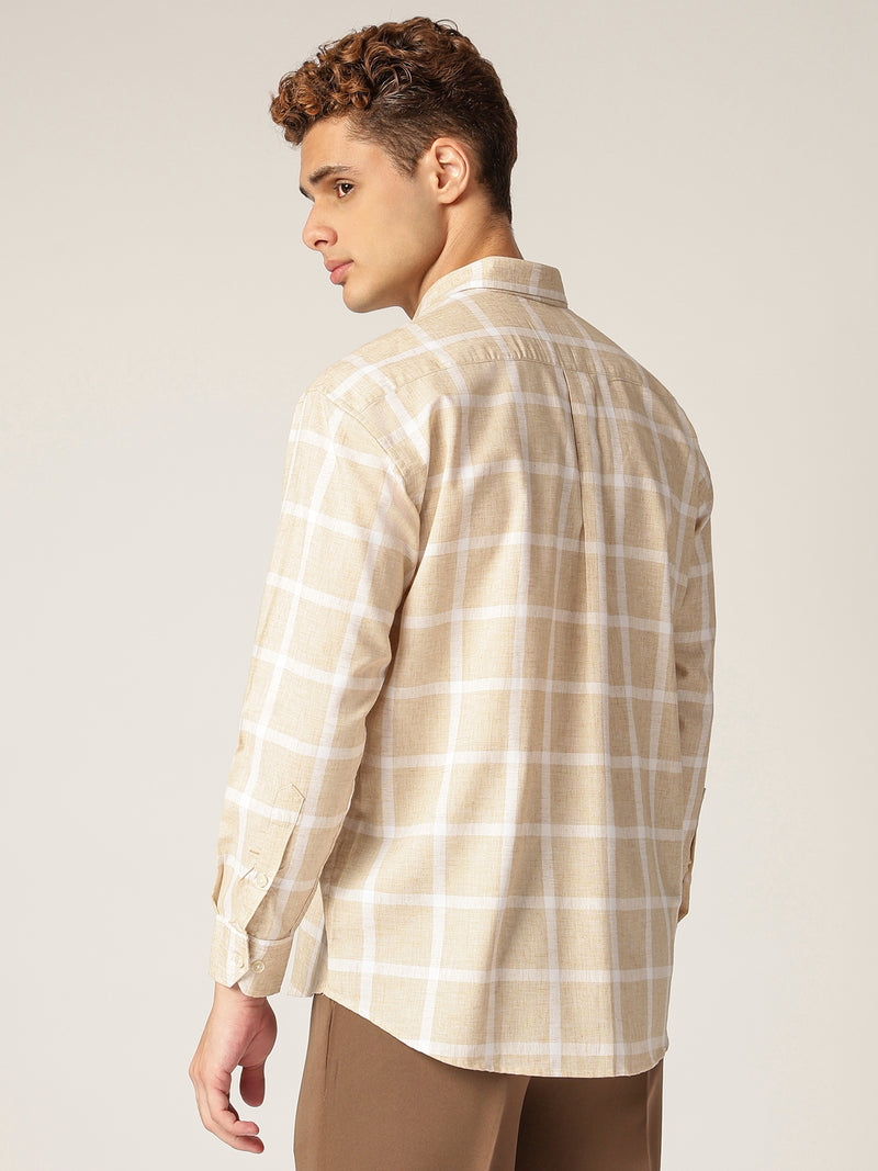Beige & Cream: Checkered Drop-Shoulder Oversized Casual Shirt