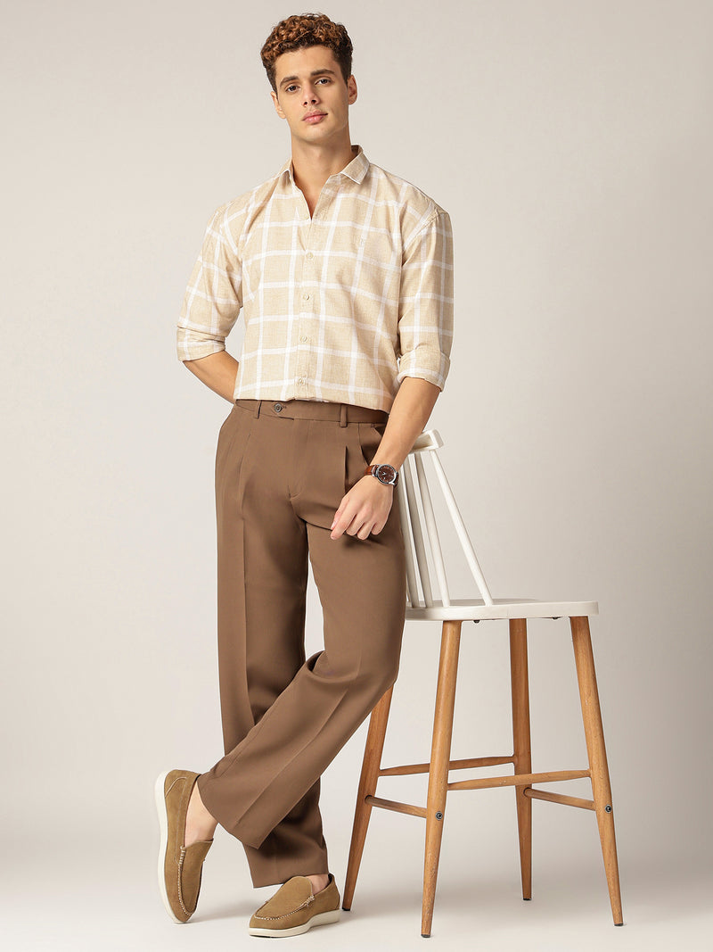 Beige & Cream: Checkered Drop-Shoulder Oversized Casual Shirt