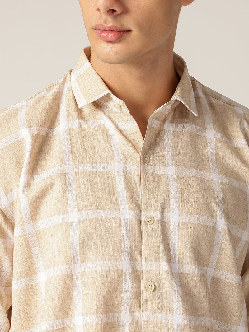 Beige & Cream: Checkered Drop-Shoulder Oversized Casual Shirt