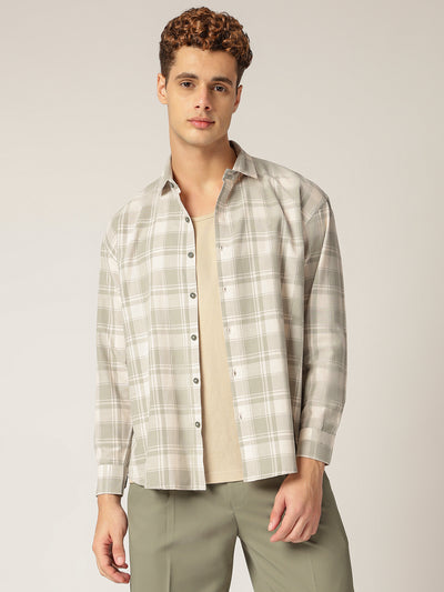 Mint & Cream: Checkered Drop-Shoulder Oversized Casual Shirt
