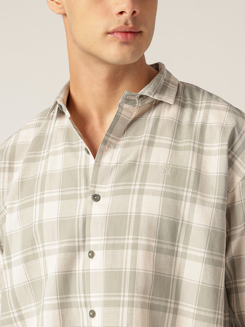 Mint & Cream: Checkered Drop-Shoulder Oversized Casual Shirt