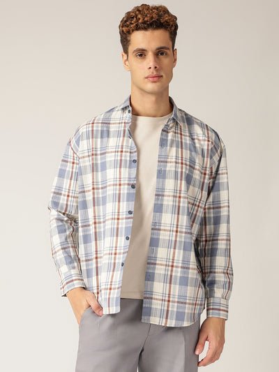 Blue & Cream: Checkered Drop-Shoulder Oversized Casual Shirt
