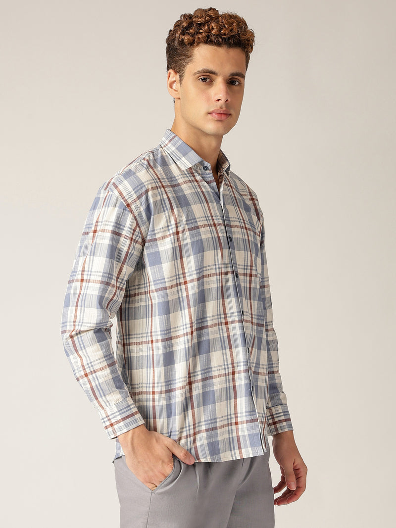 Blue & Cream: Checkered Drop-Shoulder Oversized Casual Shirt