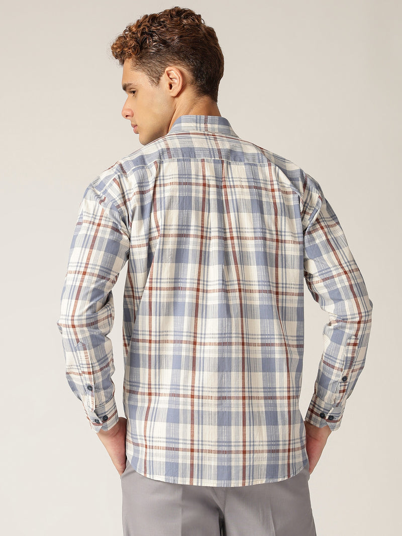 Blue & Cream: Checkered Drop-Shoulder Oversized Casual Shirt