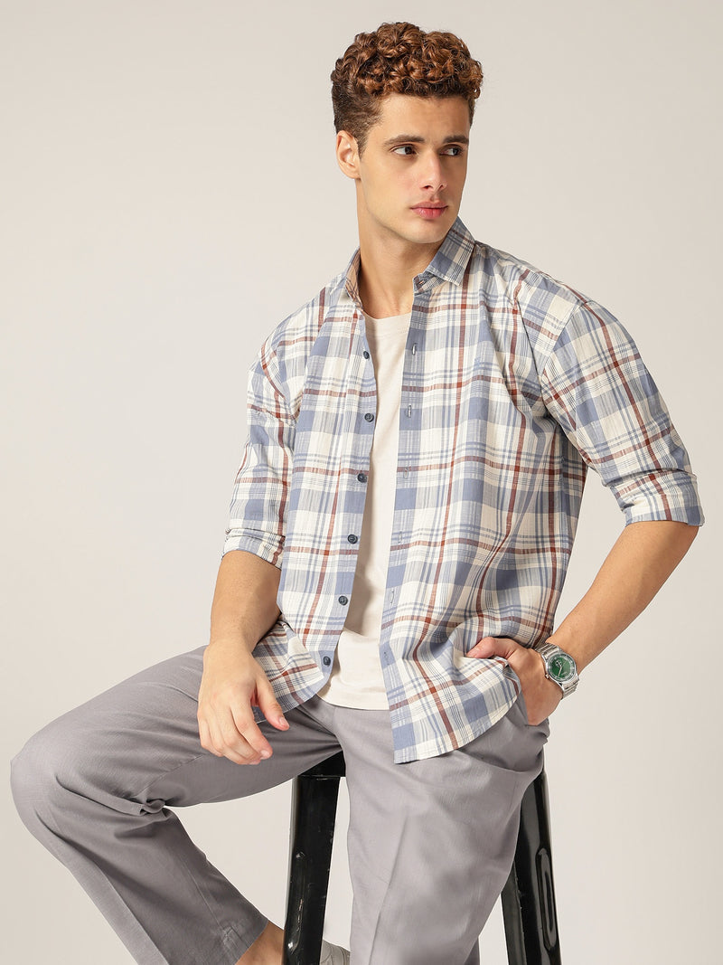 Blue & Cream: Checkered Drop-Shoulder Oversized Casual Shirt