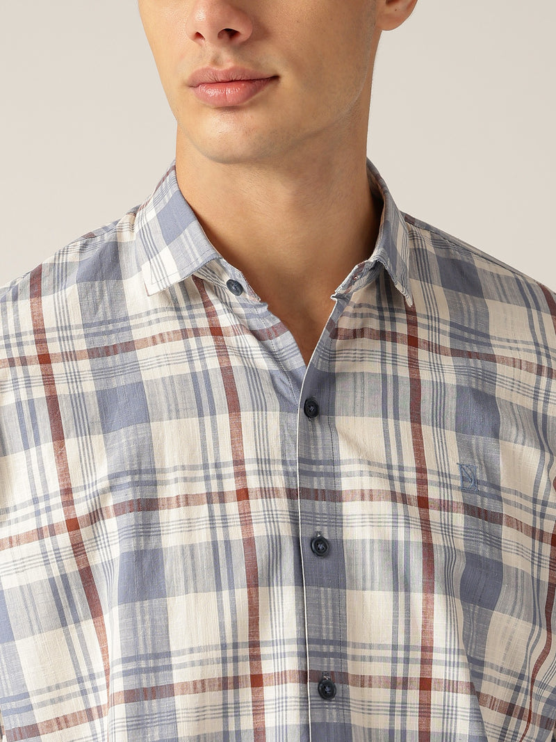 Blue & Cream: Checkered Drop-Shoulder Oversized Casual Shirt