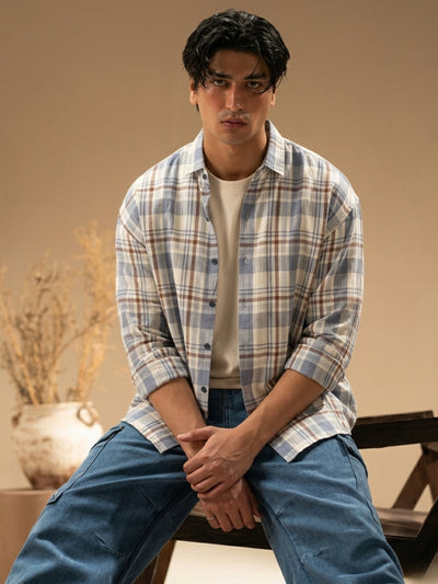 Blue & Cream: Checkered Drop-Shoulder Oversized Casual Shirt