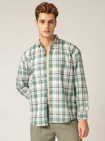 Green & Cream: Checkered Drop-Shoulder Oversized Casual Shirt