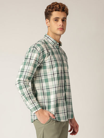 Green & Cream: Checkered Drop-Shoulder Oversized Casual Shirt