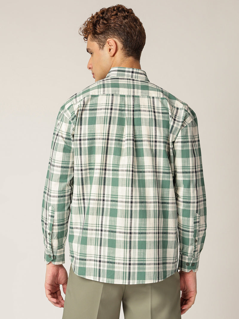 Green & Cream: Checkered Drop-Shoulder Oversized Casual Shirt