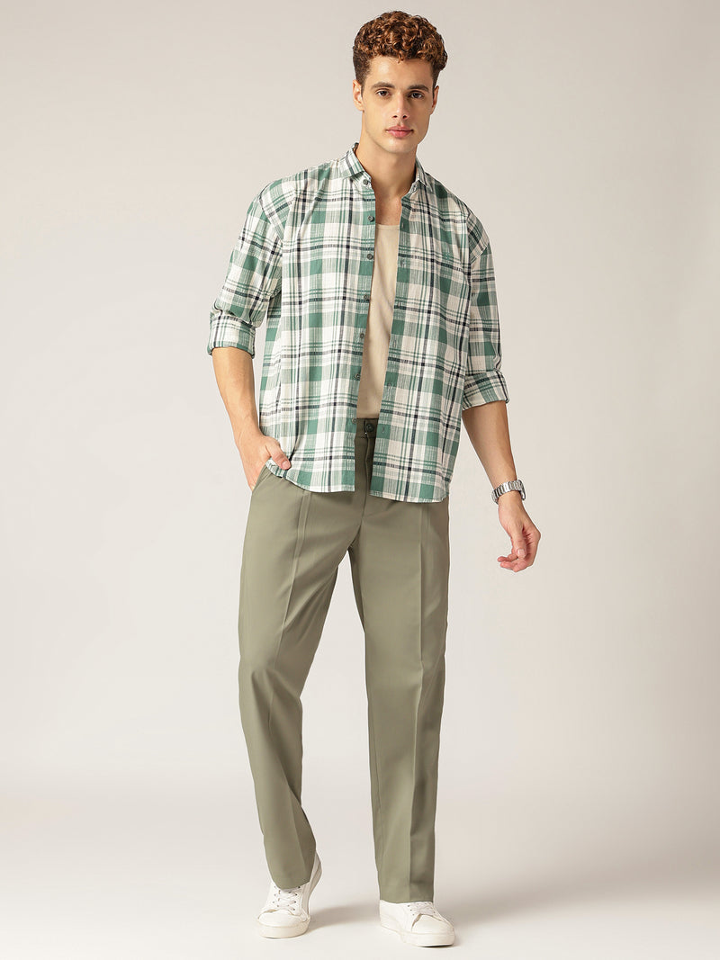 Green & Cream: Checkered Drop-Shoulder Oversized Casual Shirt