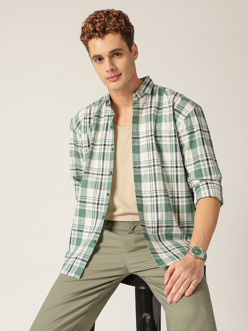 Green & Cream: Checkered Drop-Shoulder Oversized Casual Shirt