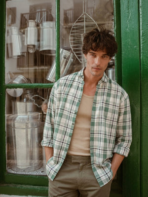 Green & Cream: Checkered Drop-Shoulder Oversized Casual Shirt