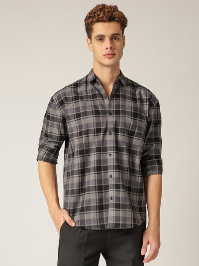 Black: Checkered Drop-Shoulder Oversized Casual Shirt