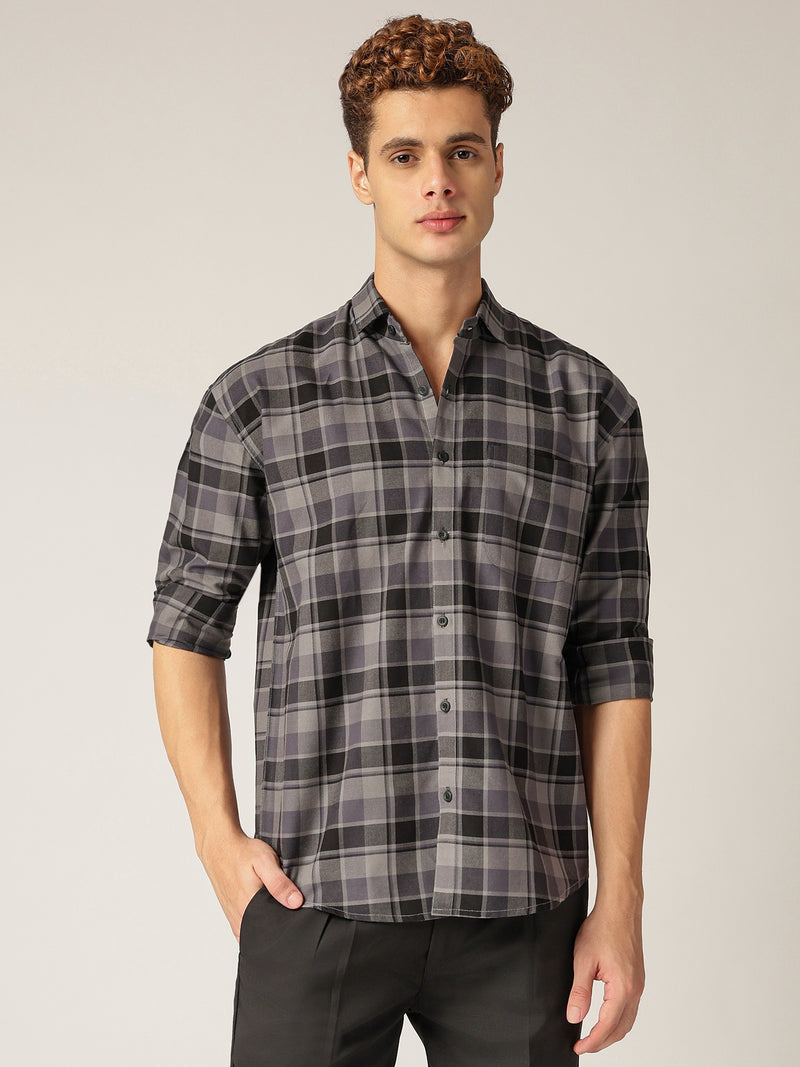 Black: Checkered Drop-Shoulder Oversized Casual Shirt