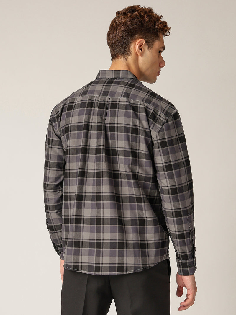 Black: Checkered Drop-Shoulder Oversized Casual Shirt