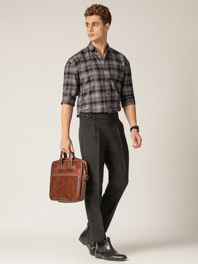 Black: Checkered Drop-Shoulder Oversized Casual Shirt