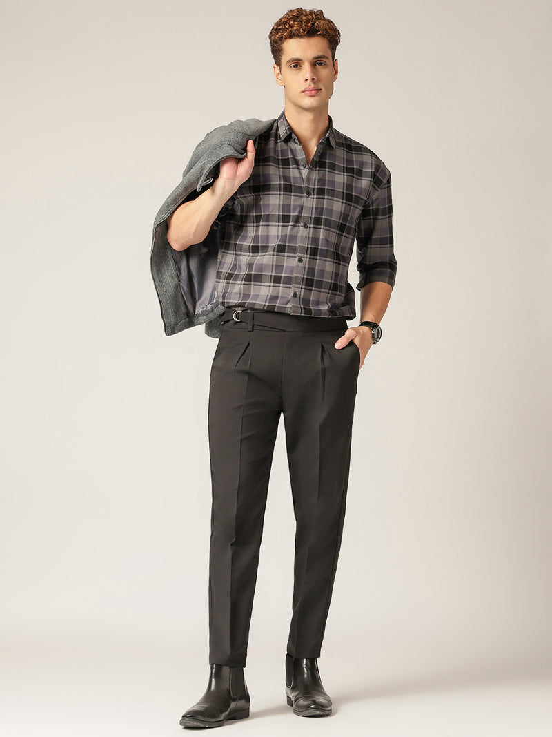 Black: Checkered Drop-Shoulder Oversized Casual Shirt