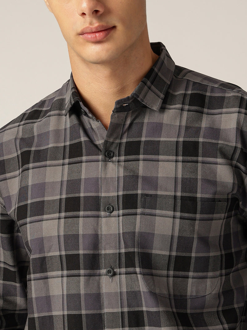 Black: Checkered Drop-Shoulder Oversized Casual Shirt
