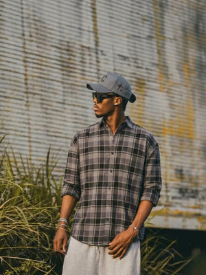 Black: Checkered Drop-Shoulder Oversized Casual Shirt